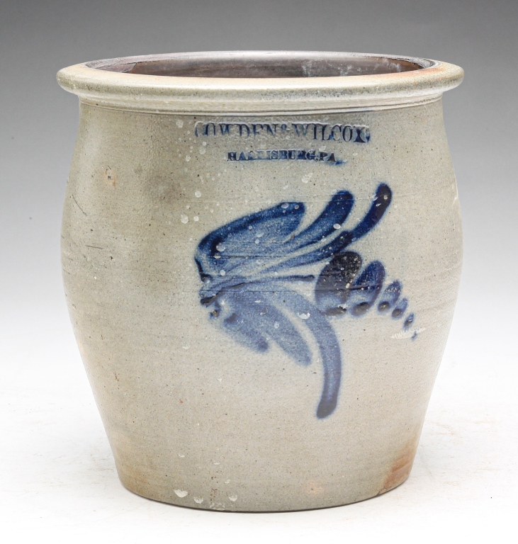 Appraisal: PENNSYLVANIA STONEWARE CROCK Mid th century Brushed cobalt flower impressed