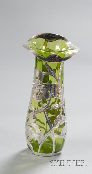 Appraisal: Silver Overlay Vase Glass and metal th century Green cylindrical