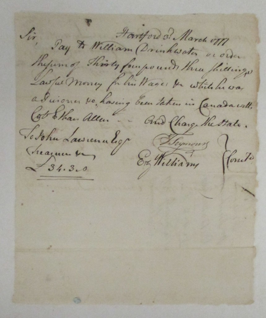 Appraisal: AMERICAN REVOLUTION Order to pay William Drinkwater captured with Ethan