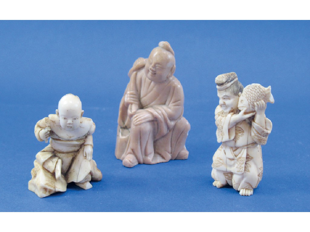 Appraisal: A JAPANESE IVORY OKIMONO of a fisherman with stained detail