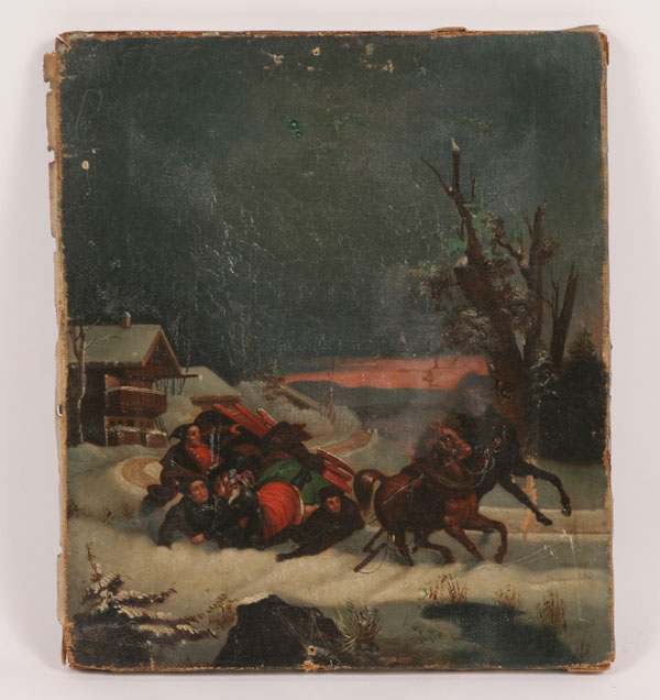 Appraisal: Evening winterscape depicting overturned horse-drawn cutter sleigh oil on canvas