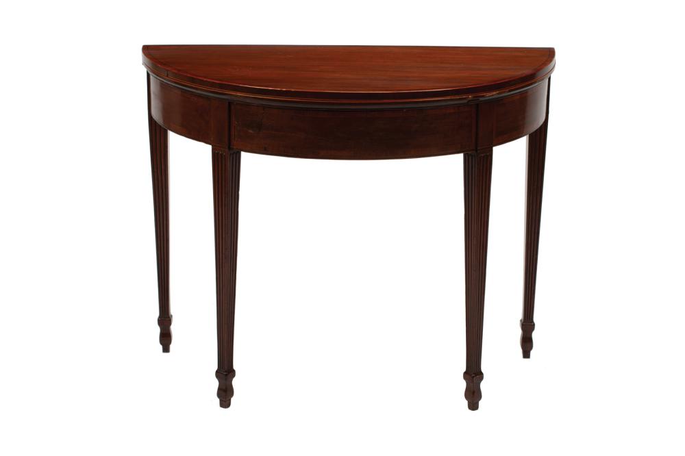 Appraisal: Regency-Style Inlaid Mahogany Games Table demilune foldover top with leather