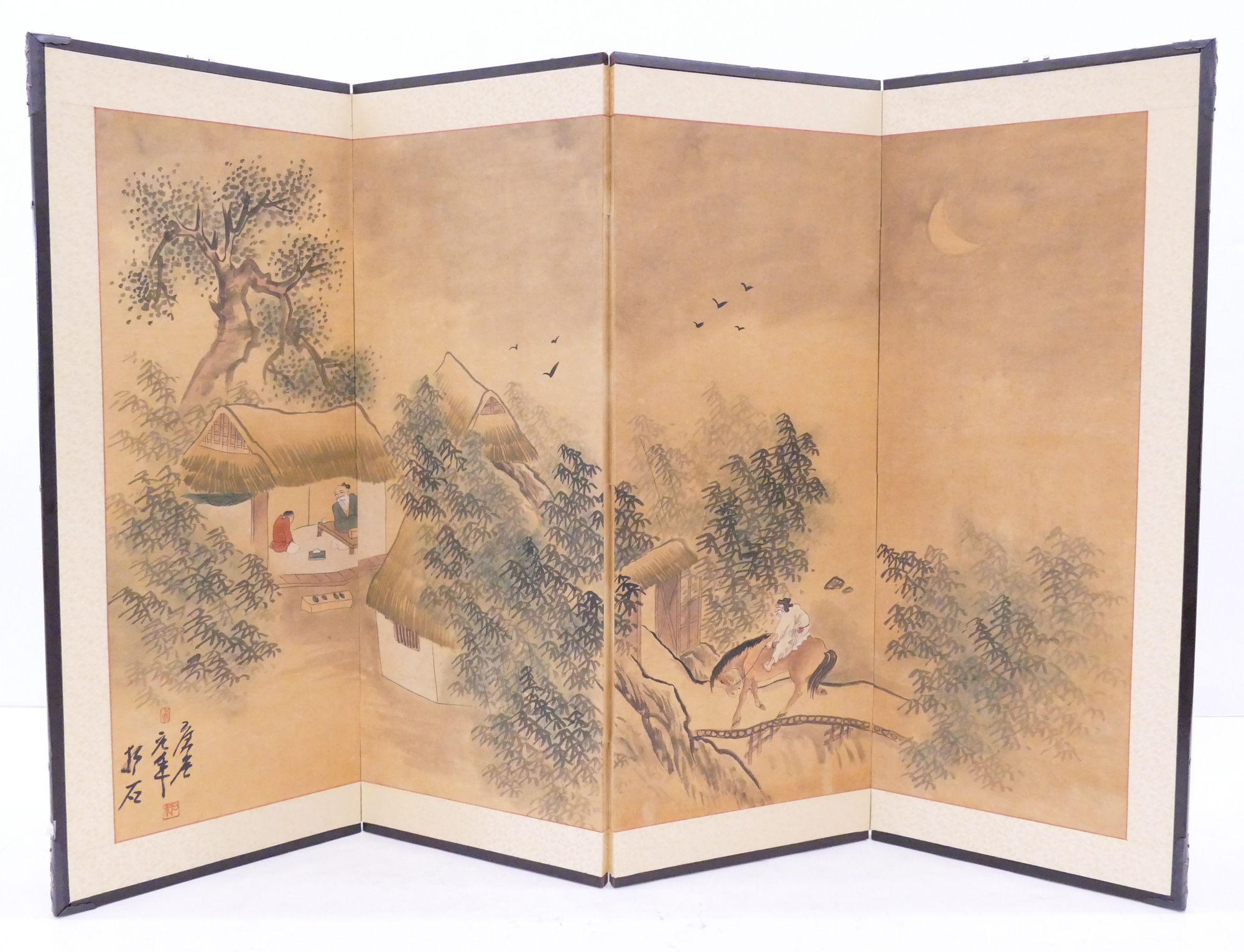 Appraisal: Japanese Painted Landscape with Huts Panel Screen- x ''