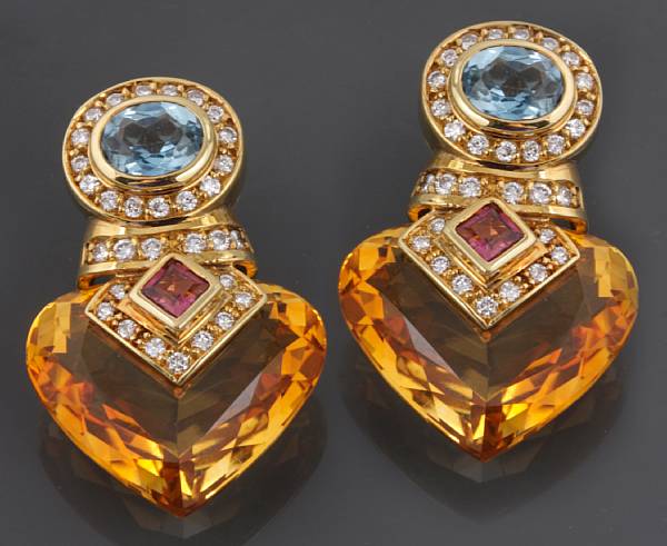 Appraisal: A pair of citrine diamond gem-set and k gold ear-clips