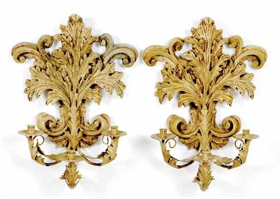 Appraisal: Pair cast plaster and metal three-light sconces bound acanthus backplate