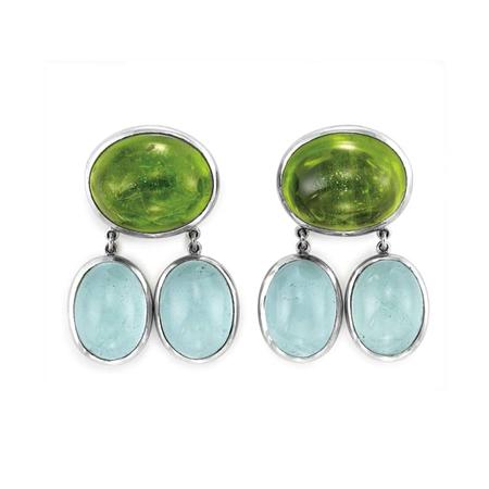 Appraisal: Pair of White Gold Cabochon Peridot and Aquamarine Pendant-Earclips Estimate