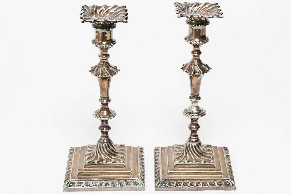 Appraisal: Hawksworth Eyre Antique Sheffield Candlesticks Hawksworth Eyre Co antique Victorian