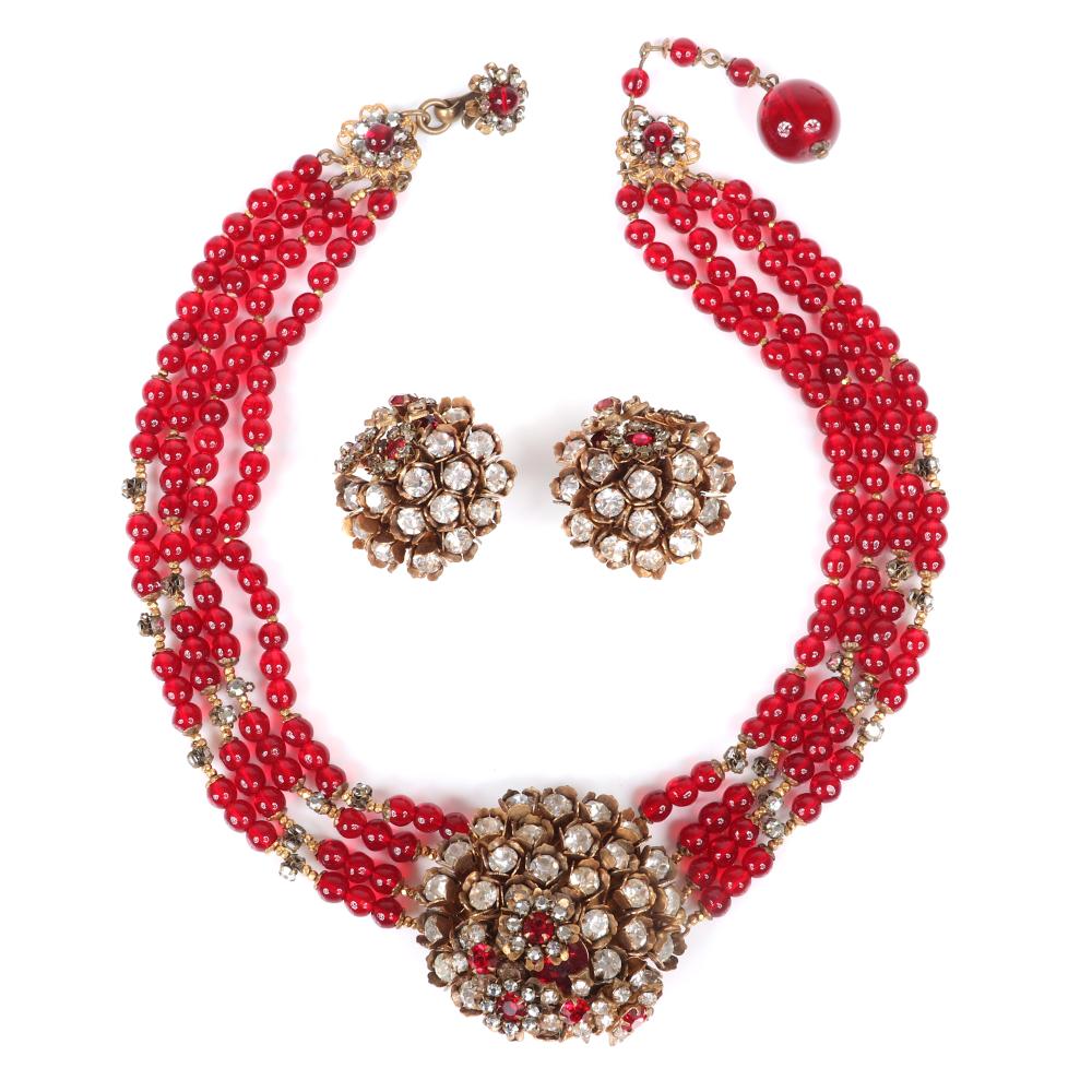 Appraisal: MIRIAM HASKELL PC SET FOUR-STRAND CHOKER NECKLACE WITH RUBY RED