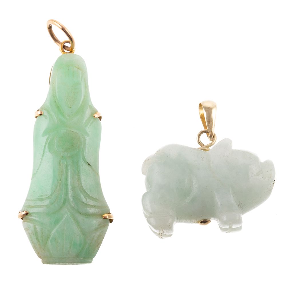 Appraisal: A Pair of Carved Jade Pendants in K K yellow