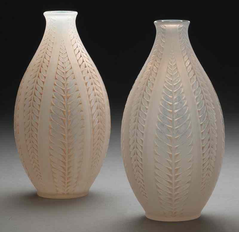 Appraisal: Pr R Lalique ''Acacia'' frosted glass vaseswith sepia-stained fern leaf