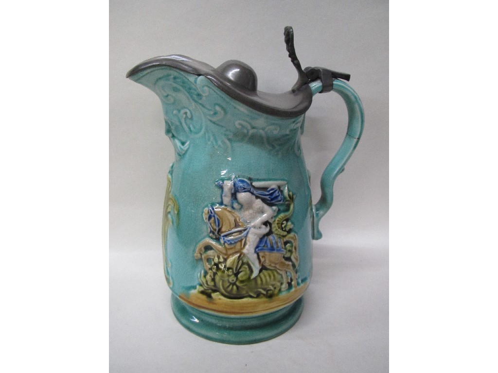 Appraisal: Majolica jug decorated with hunting scenes handle def