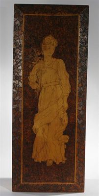 Appraisal: An Arts and Crafts poker work panel decorated with a