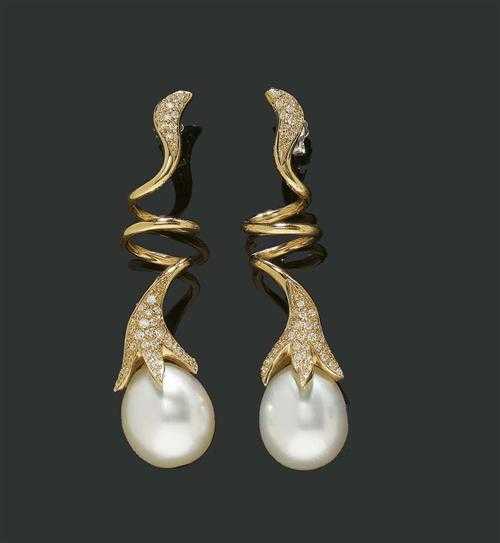 Appraisal: PEARL AND BRILLIANT-CUT DIAMOND EARRINGS Ros and white gold Very