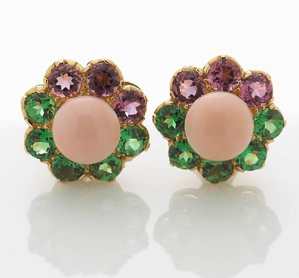 Appraisal: A pair of coral pink tourmaline and tsavorite earrings Nardi