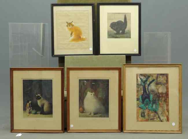 Appraisal: Cat related artwork lot five pcs including watercolor signed ''Tim