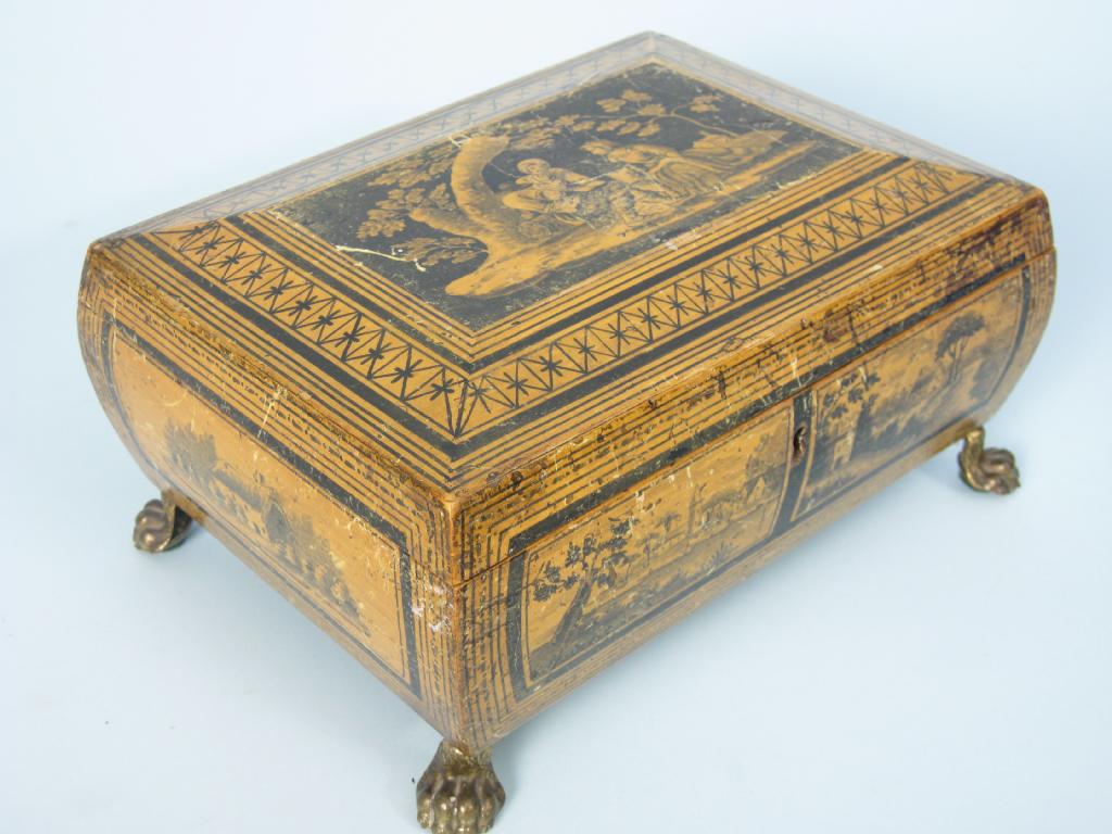 Appraisal: A Regency penwork Box of sarcophagus shape the lid decorated