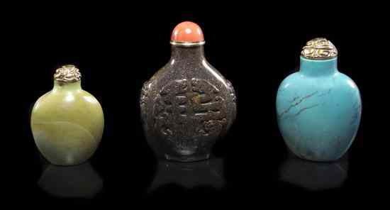 Appraisal: A Group of Three Hardstone Snuff Bottles one of jasper