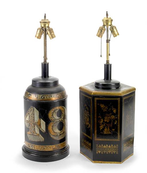 Appraisal: A group of three English tole canisters mounted as lamps