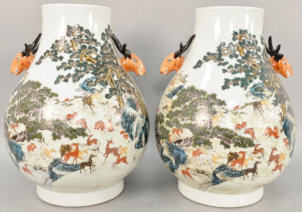 Appraisal: Large pair of Hu vases China decorated with applied deer