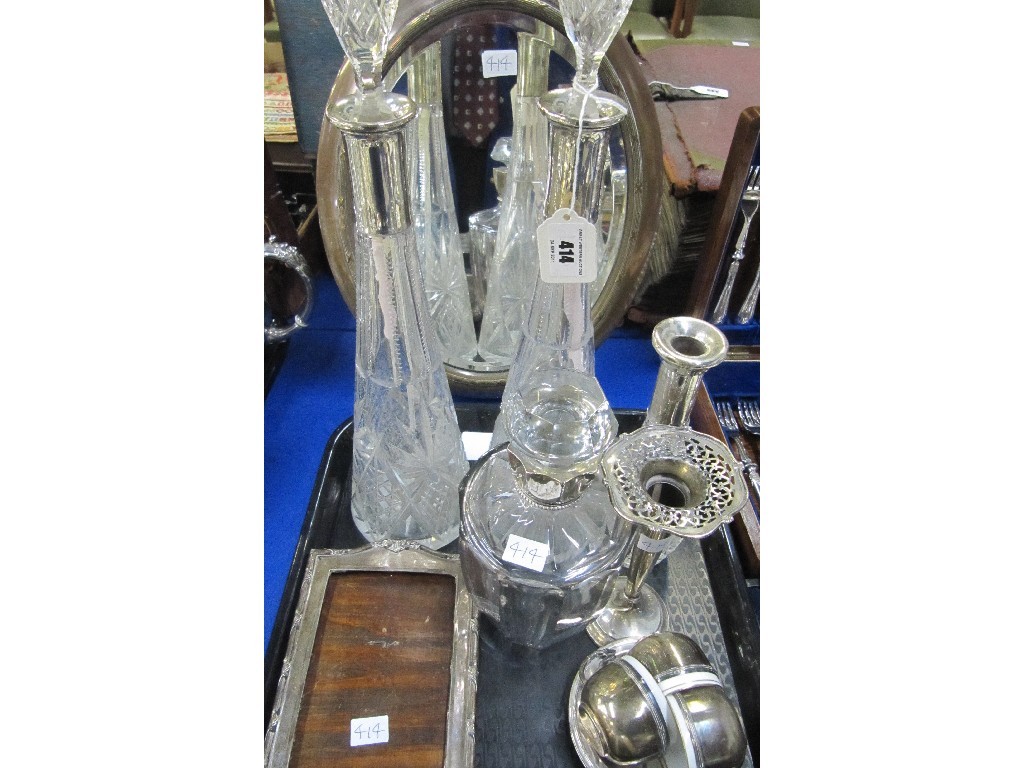 Appraisal: Lot comprising silver plate easel mirror decanters photo frame cups