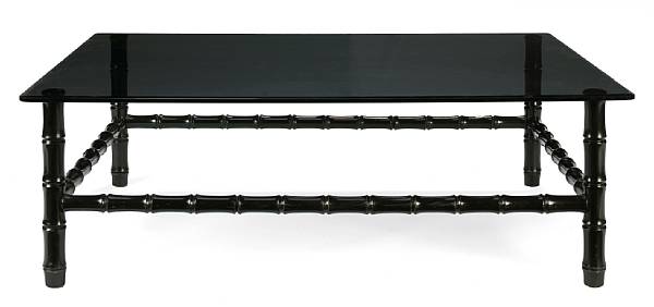 Appraisal: A black lacquer faux bamboo and smoked glass coffee table