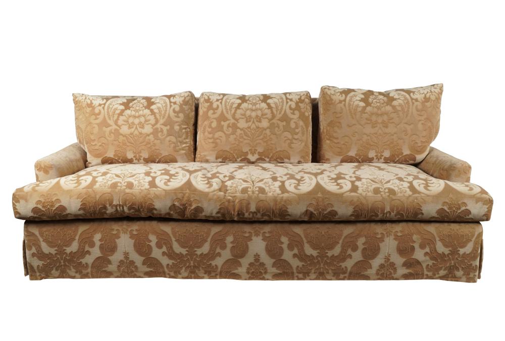 Appraisal: UPHOLSTERED SOFAmanufacturer unknown covered with patterned tan velvet inches wide