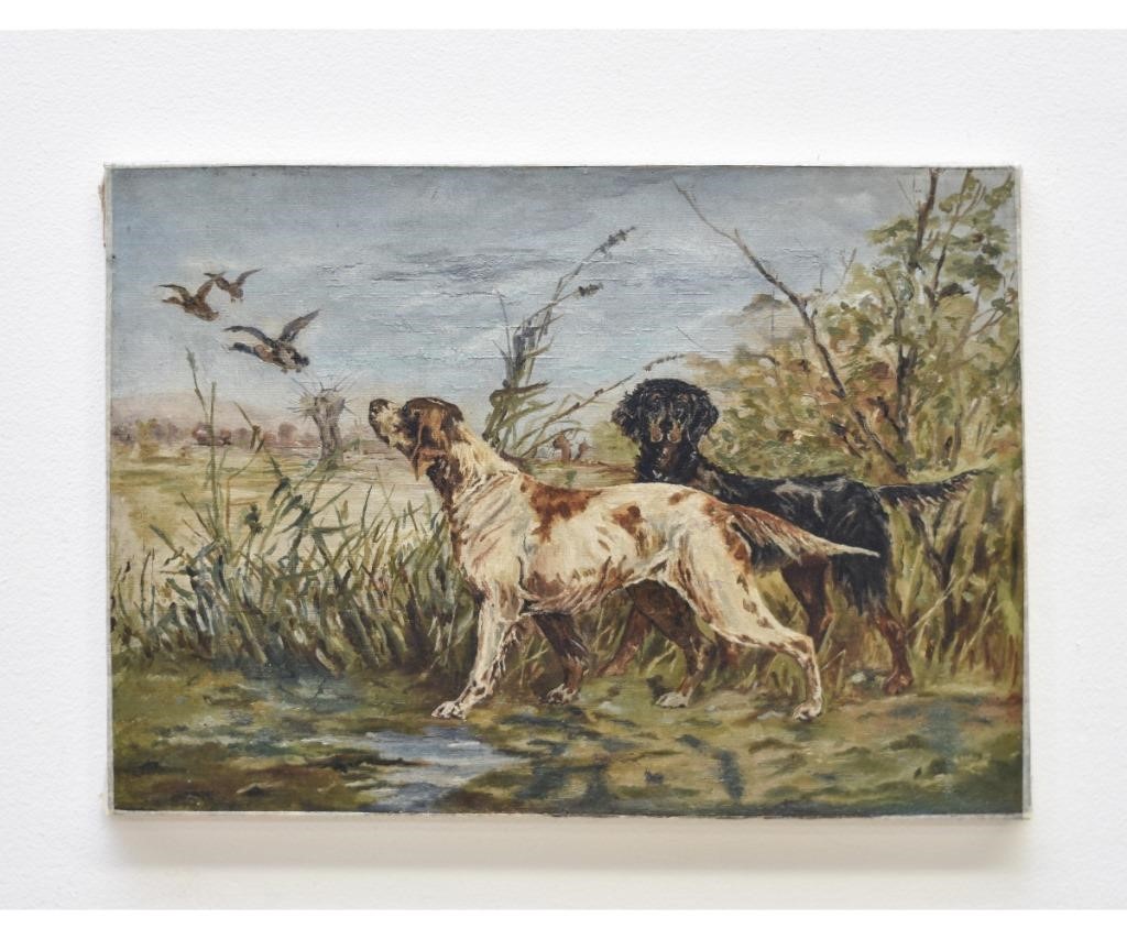 Appraisal: Unframed oil on canvas of bird dogs unsigned late th