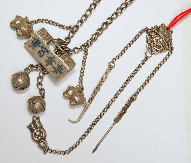 Appraisal: A CHINESE SILVER AND ENAMEL LOCK and necklace and one