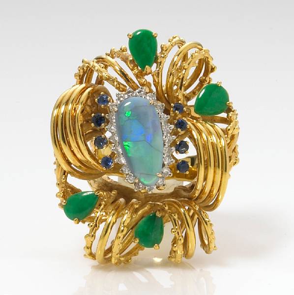 Appraisal: An opal jadeite jade sapphire and diamond cluster ring mounted