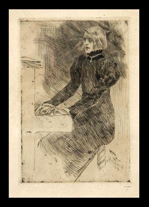 Appraisal: AMERICAN SCHOOL WOMAN PLAYING A PIANO Etching on paper x