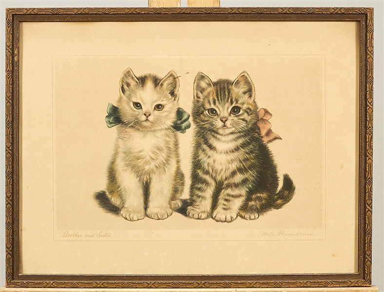 Appraisal: Group of four cat-themed artworks each framed x tallest overall