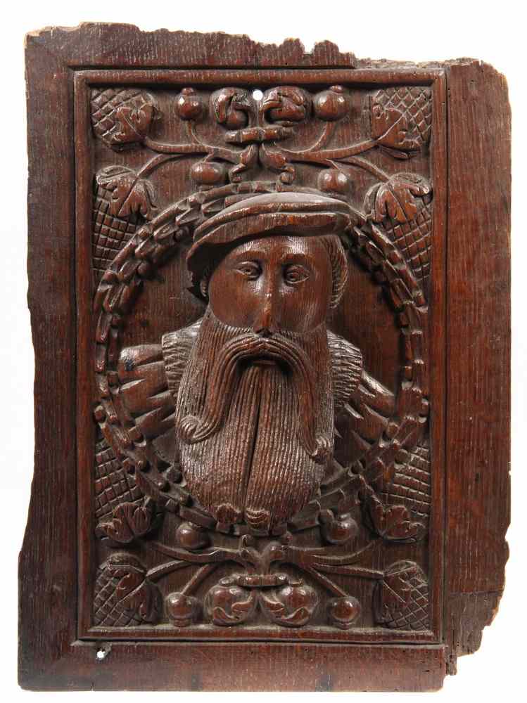 Appraisal: EXCEPTIONAL ENGLISH OAK PORTRAIT PANEL-Carved in high relief with a