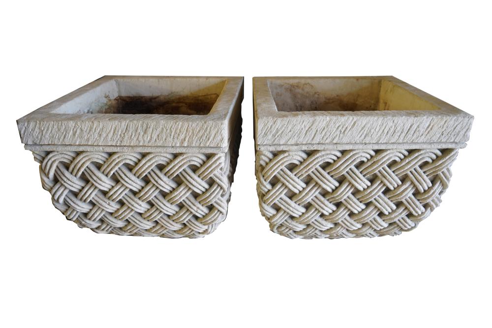 Appraisal: PAIR OF CAST STONE BASKET WEAVE-FORM PLANTERSCondition with wear throughout