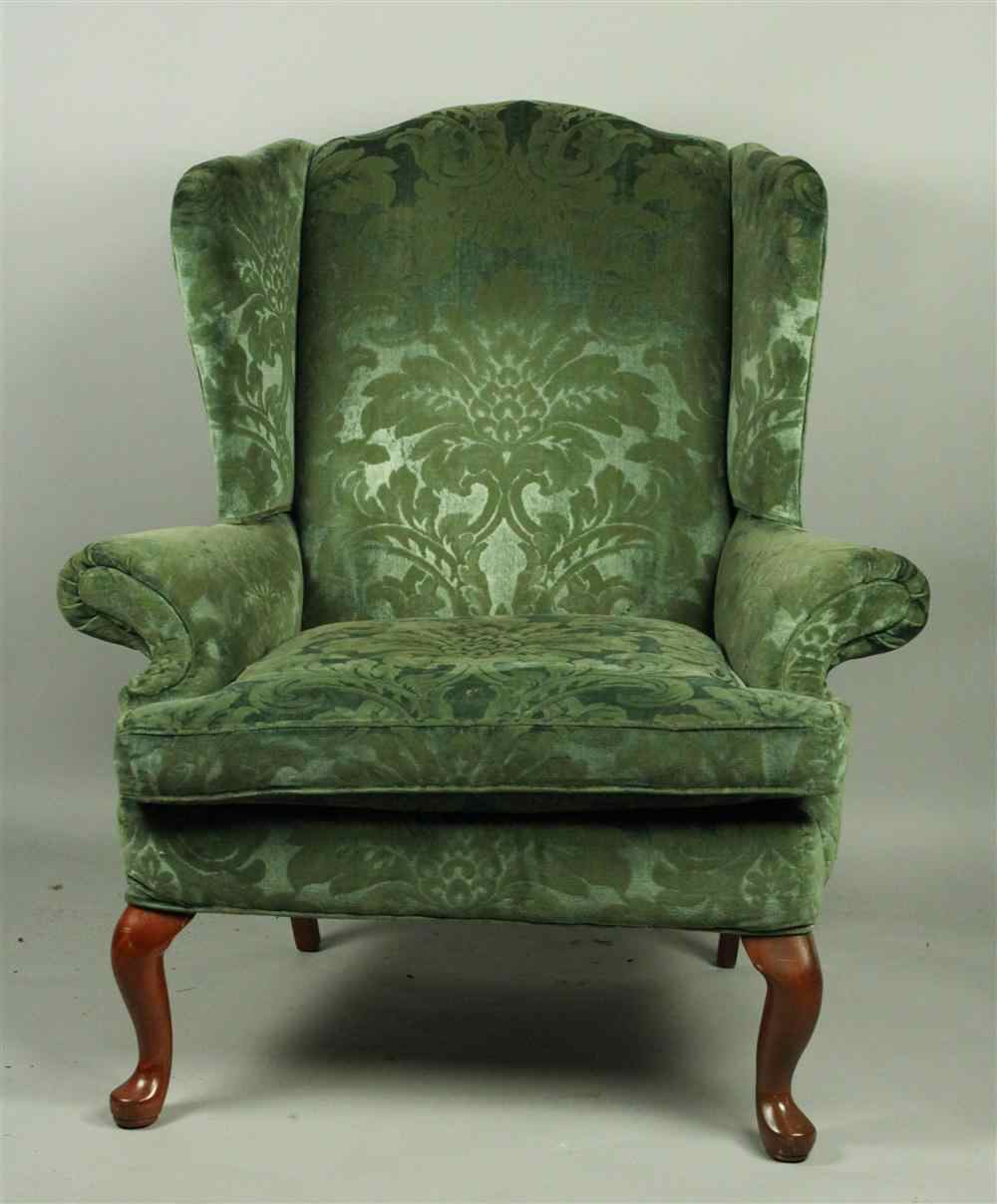 Appraisal: QUEEN ANNE STYLE UPHOLSTERED MAHOGANY WING CHAIR in blue green