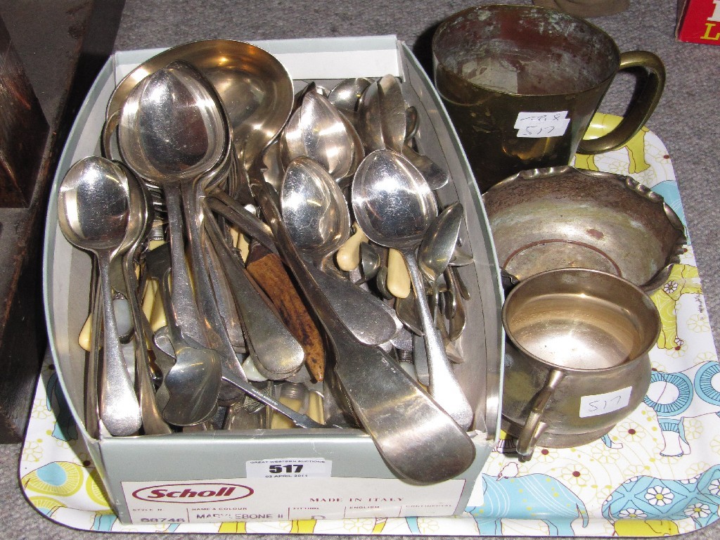 Appraisal: Tray lot of EP - tankards loose cutlery etc