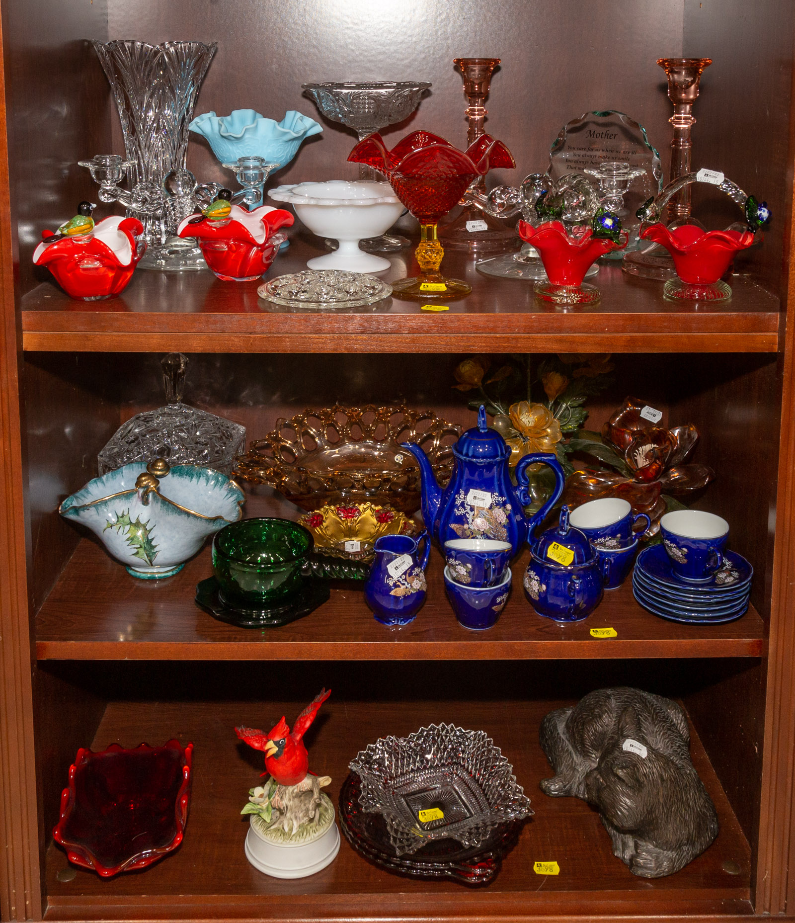 Appraisal: ASSORTED DECORATIVE GLASSWARE CHINA Includes a cardinal bird figure metal