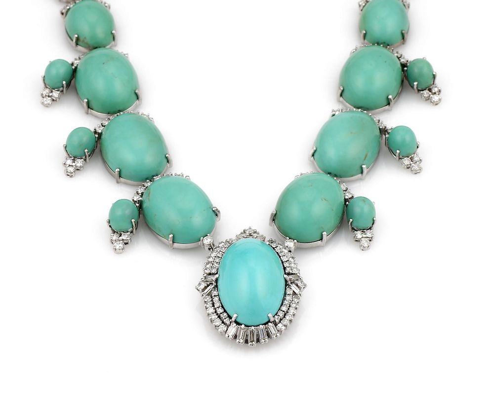 Appraisal: K White Gold Turquoise Cabochon and Diamond Dangle Necklace k