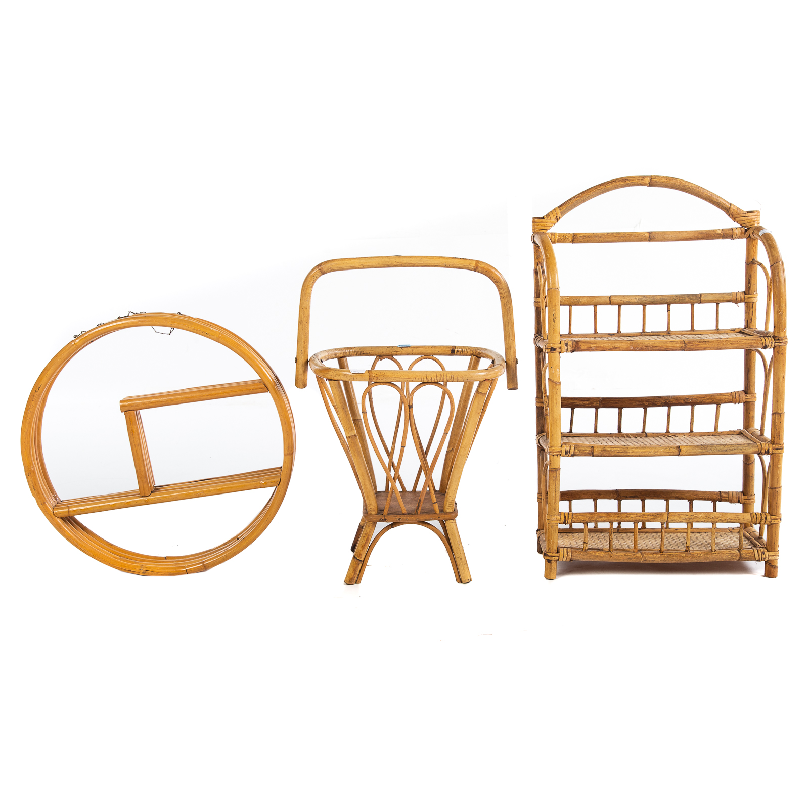 Appraisal: THREE RATTAN OBJECTS Includes yarn basket with swing in H