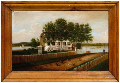 Appraisal: American folk art painting homestead on a river with children