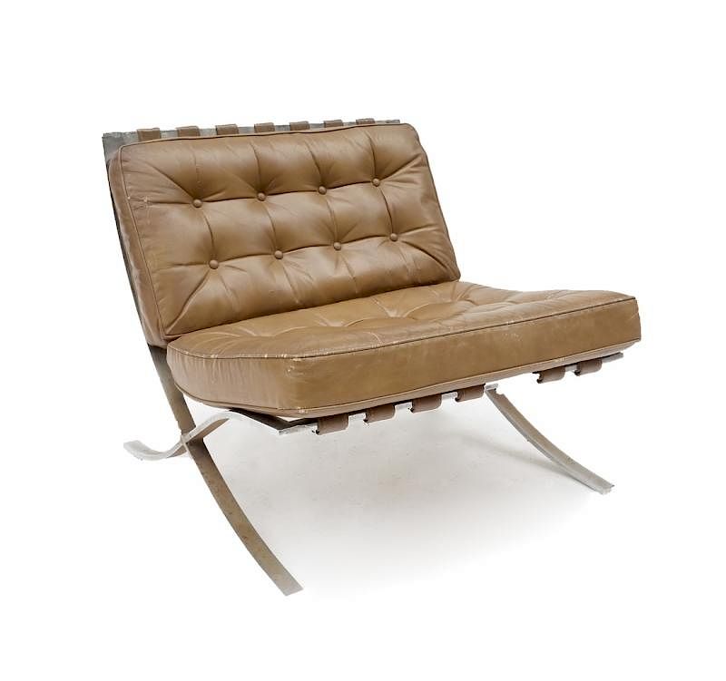 Appraisal: Chrome Pleather Barcelona-Style Chair Barcelona-style chair with metal frame and