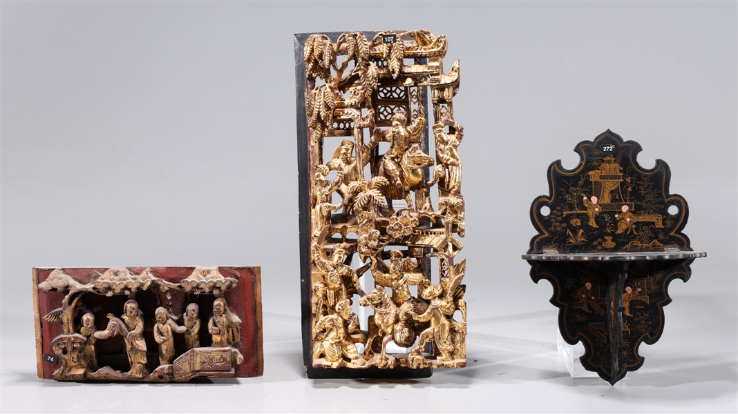 Appraisal: Three Chinese wood objects including elaborate carved gilt wood scene