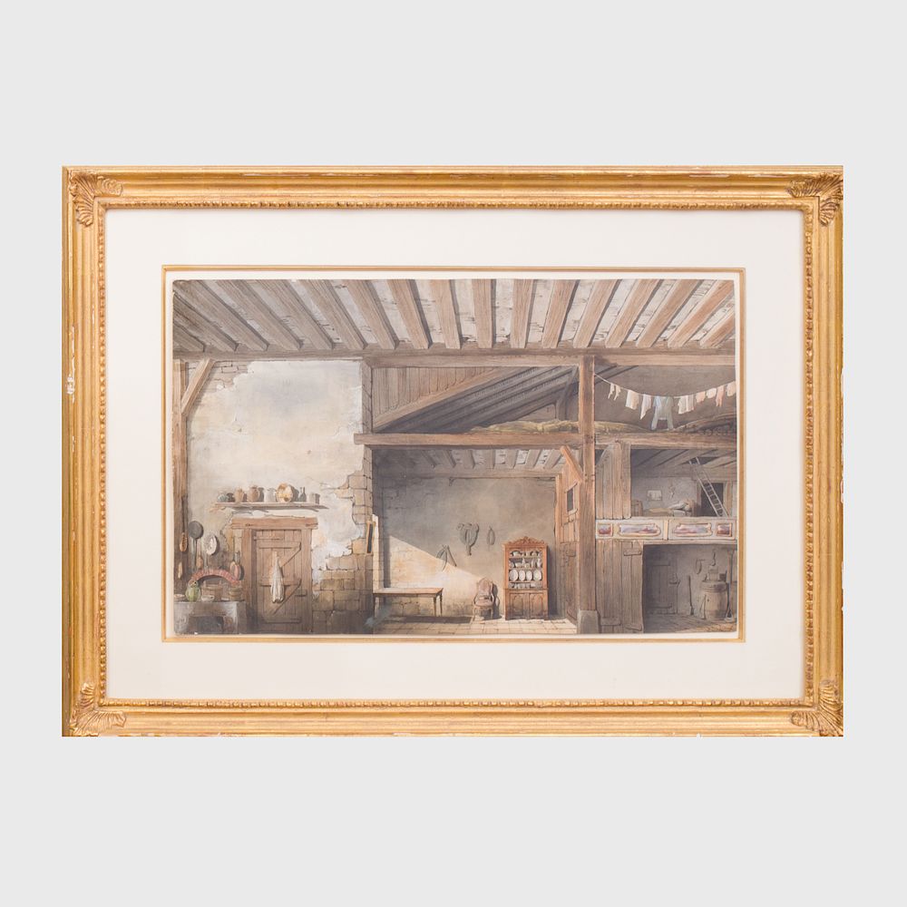 Appraisal: Louis Jourdeuil - Interior Loft and Kitchen Watercolor and gouache