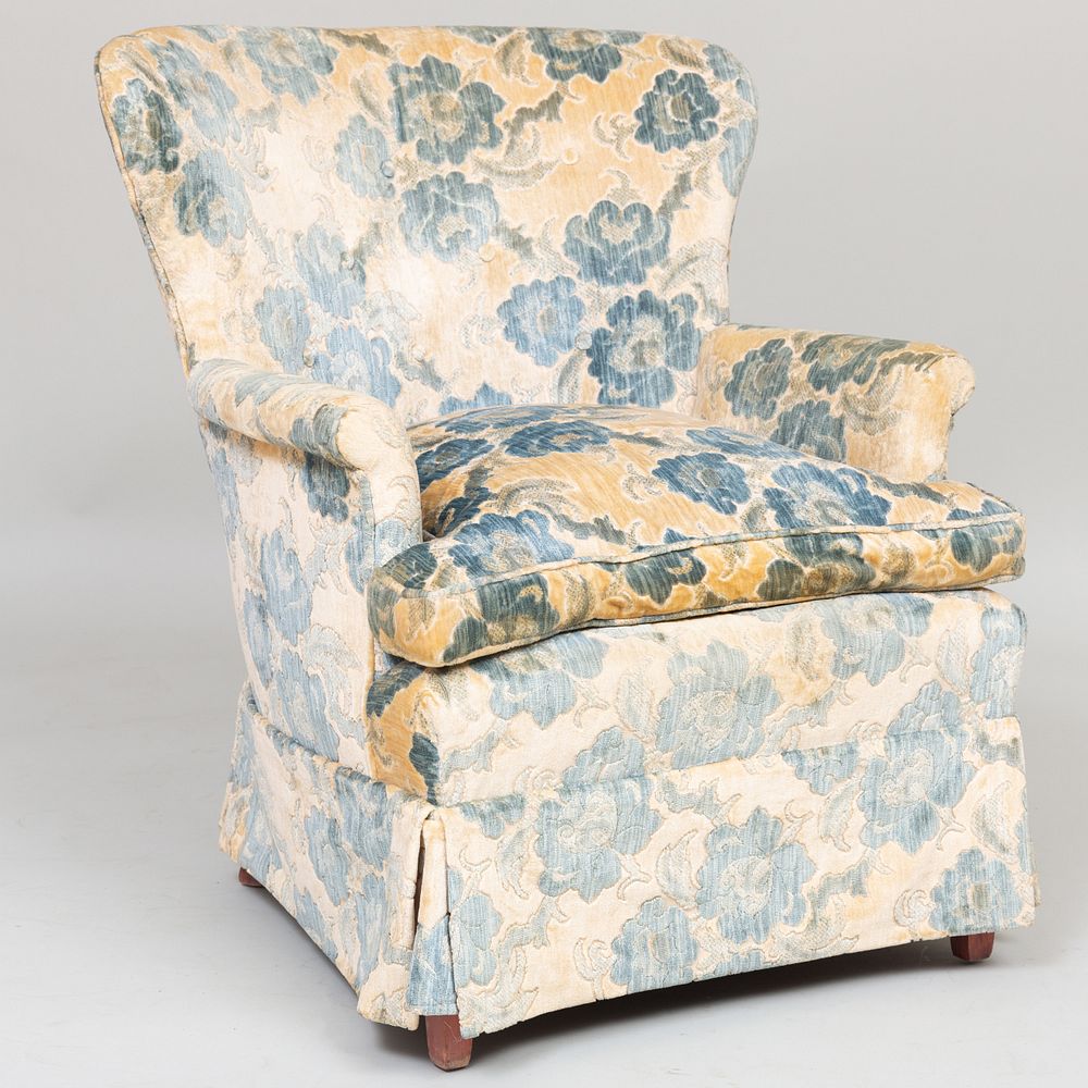 Appraisal: Blue and Cream Cut Velvet Upholstered Armchair With a label