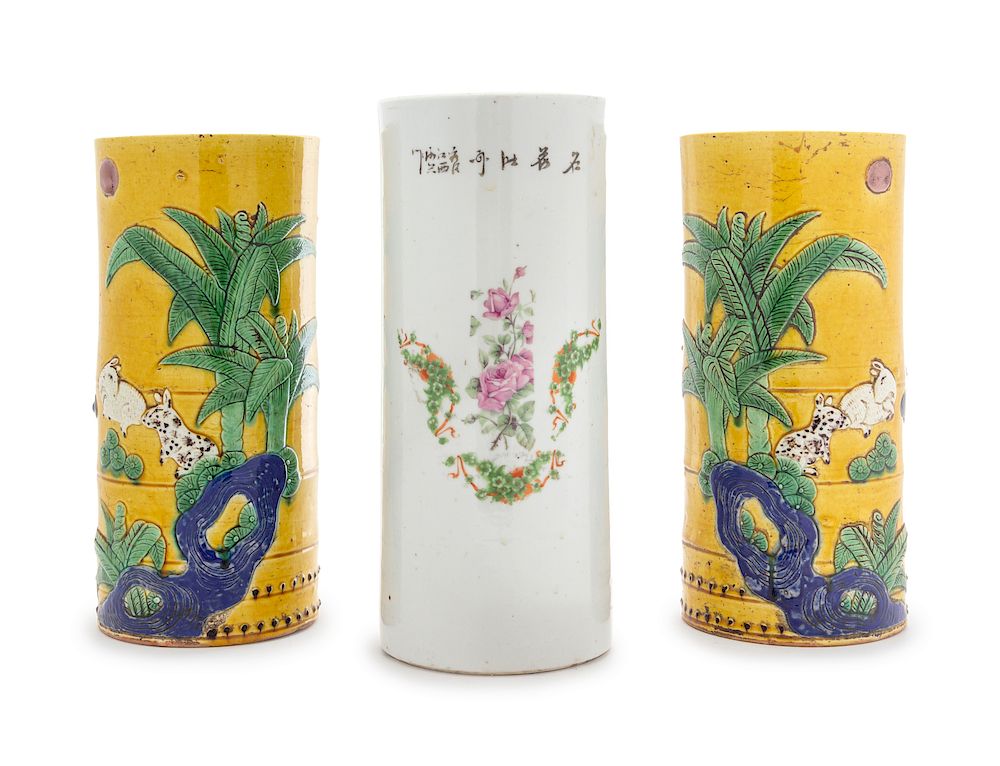 Appraisal: Three Chinese Porcelain Hat Holders Height of tallest in cm