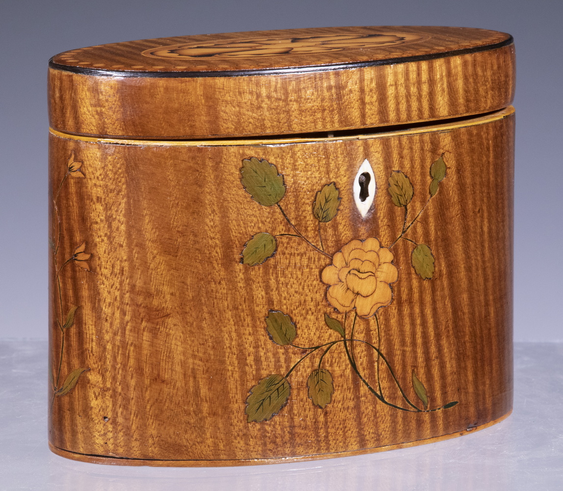 Appraisal: SATINWOOD MARQUETRY TEA CADDY th c English Tea Caddy with