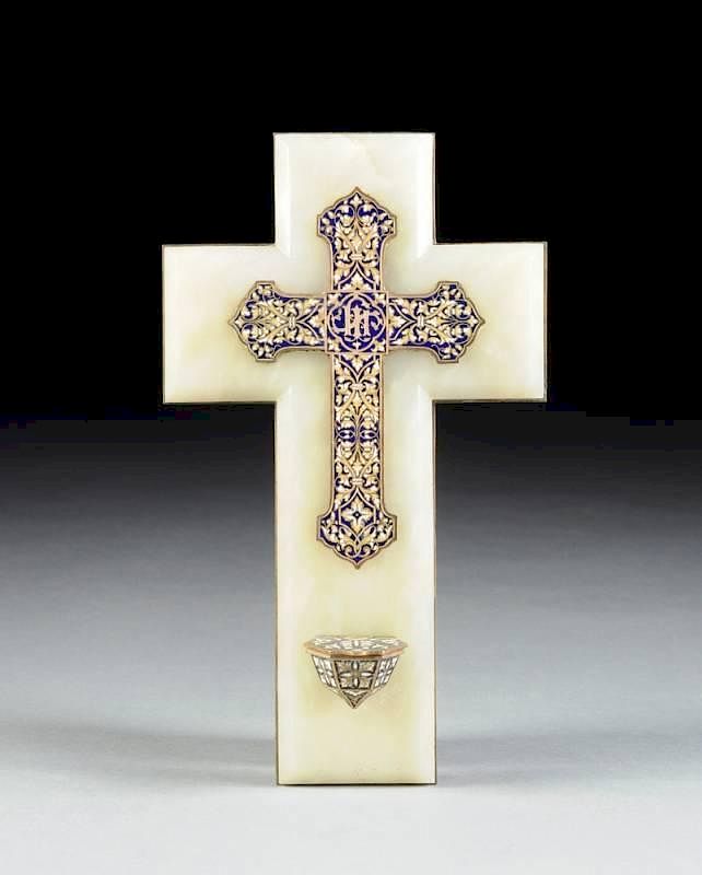 Appraisal: A FRENCH BRONZE AND CHAMPLEV ENAMEL CROSS WITH HOLY WATER