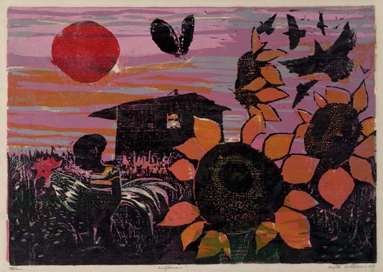 Appraisal: WALTER WILLIAMS - Sunflowers Color linoleum cut on thin imitation