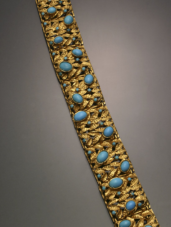 Appraisal: Tested -Karat Yellow-Gold and Persian Turquoise Flexible Bracelet Set with