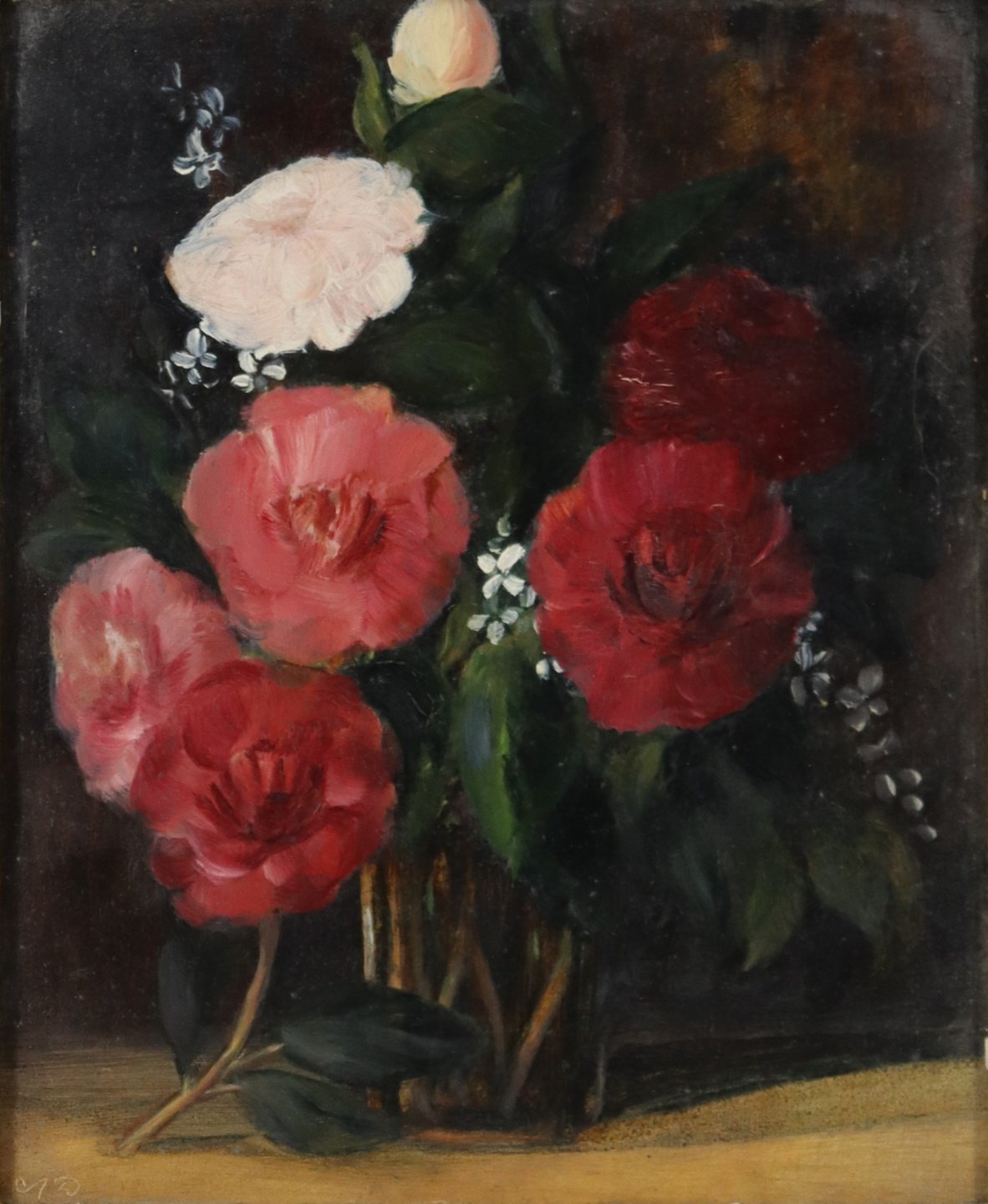 Appraisal: A D MONOGRAMMED OIL ON PANEL Floral still life Oil