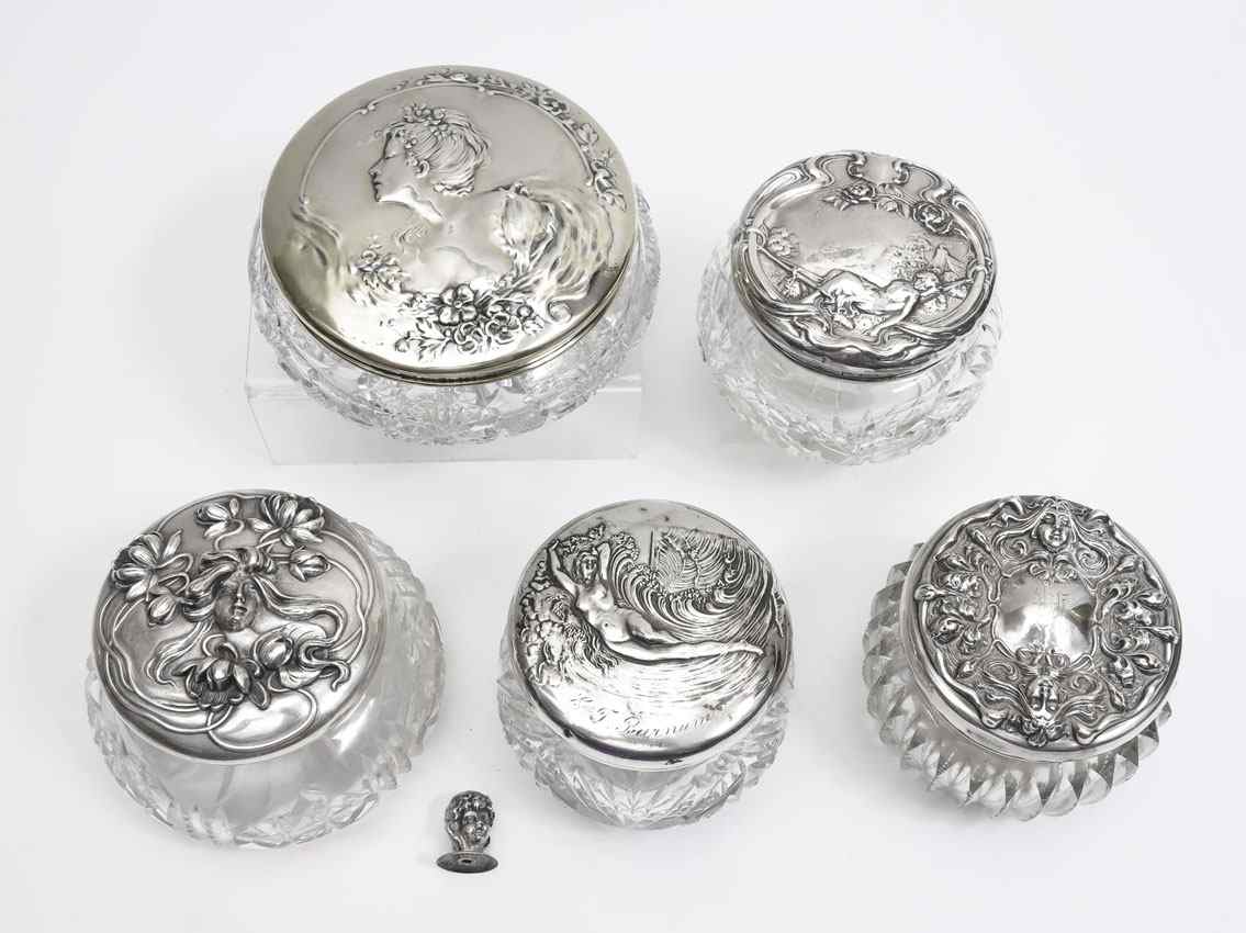 Appraisal: ART NOUVEAU STERLING SILVER LIDDED POWDER JARS To include Woman's